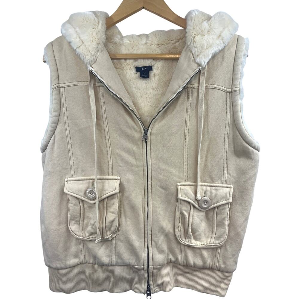 Vintage GAP Cargo‎ Hooded Vest Large Cream Full Zip Faux Fur Lined